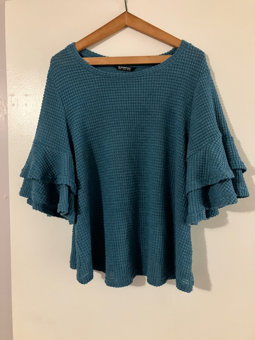 Bloomchic Teal Waffle Knit Ruffle Sleeve Sweater